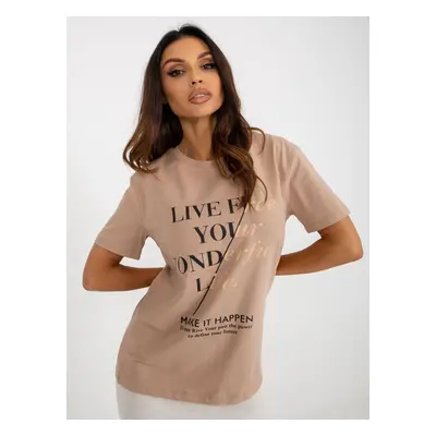 Women's dark beige cotton T-shirt with slogans