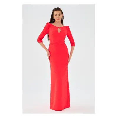 Carmen Coral Crepe Pearl Embroidered Long Evening Dress