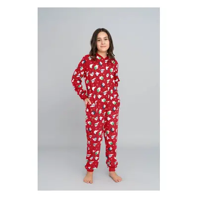 Children's Long Sleeve Jumpsuit for Older Kids, Long Pants - Red Print