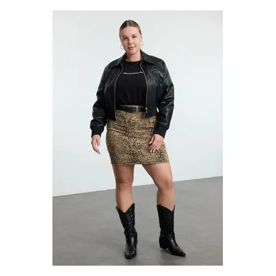 Trendyol Curve Brown Animal Patterned Knitted Plus Size Skirt