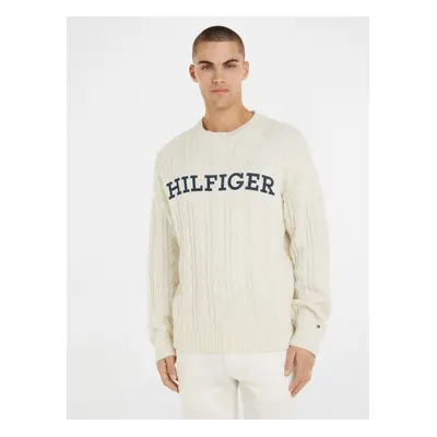 Men's Cream Wool Sweater Tommy Hilfiger Cable Monotype Crew Neck - Men's