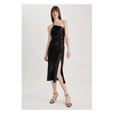 DEFACTO One-Shoulder Satin Slit Midi Dress