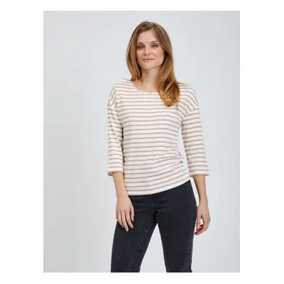 Beige Striped T-Shirt with Three-Quarter Sleeve ORSAY - Women