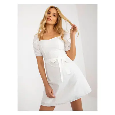 Openwork mini dress Ecru with embroidery and tie