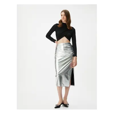 Koton Metallic Midi Skirt High Waist Slit Detail