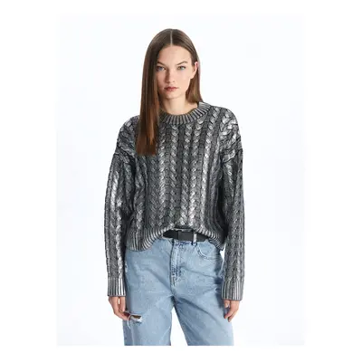 LC Waikiki Women's Crew Neck Self Patterned Long Sleeve Metallic Knitwear Sweater