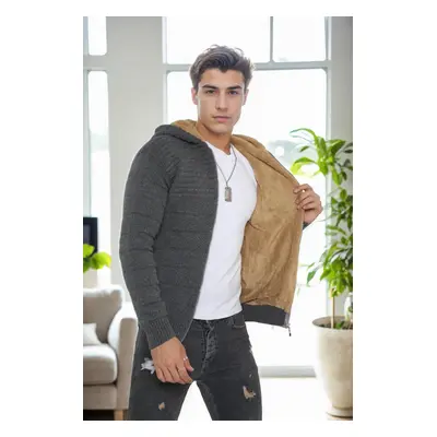 14455 Dewberry Furry Hooded Mens Sports Slim Fit Cardigan-GREY