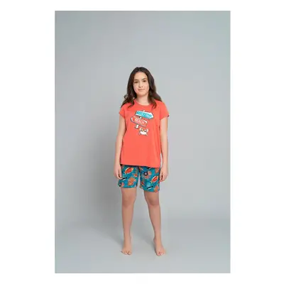 Girls' pyjamas Oceania, short sleeves, short legs - coral/print