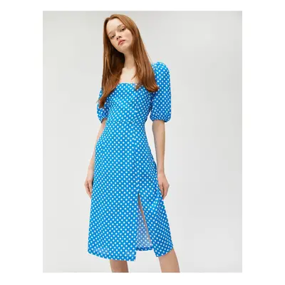 Koton Midi Polka Dot Dress Square Neck Balloon Sleeve Slit