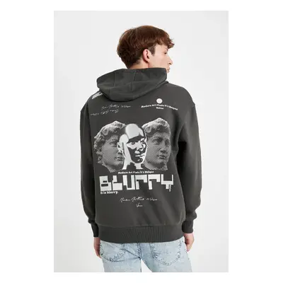 DEFACTO Men's Dark Grey Boxy Fit Hooded Back Printed Sweatshirt