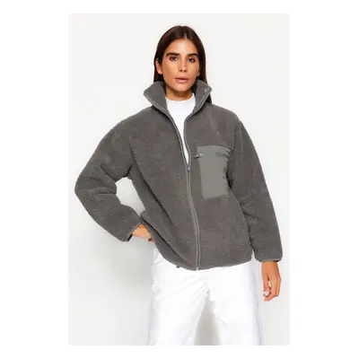 Trendyol Winter Essentials Anthracite Thick Fleece Zippered Stand-Up Collar Pocket Knitted Sweat