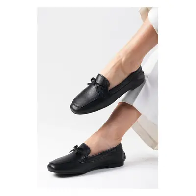 Mio Gusto Isla Genuine Leather Black Color Bow Accessory Flat Toe Women's Loafer Shoes