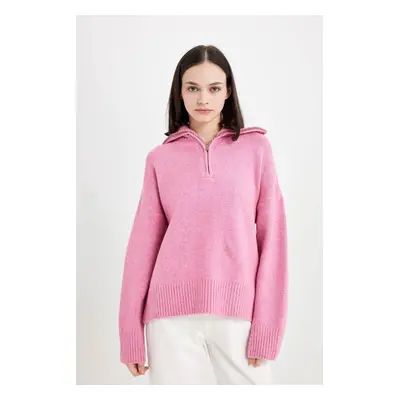 DEFACTO Oversize Wide Pattern Half Zipper Stand Collar Knitwear Sweater