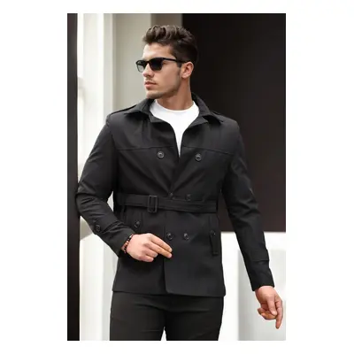 23058 Dewberry Lined Belted Double Breasted Mens Trenchcoat-BLACK