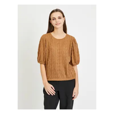 Brown Pleated Blouse with Balloon Sleeves VILA Plisso - Women