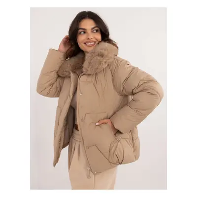 Brown down winter jacket with hood