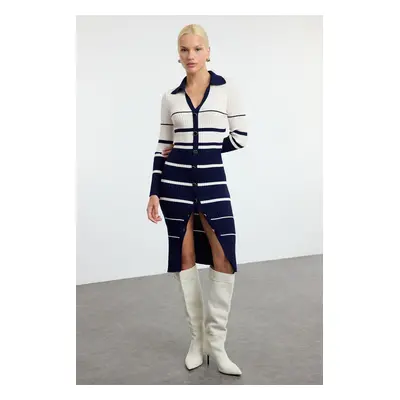 Trendyol Navy Blue Midi Knit Color Block Striped Dress