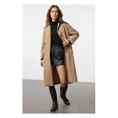 Trendyol Beige Regular Belted Faux Leather Detailed Long Trench Coat