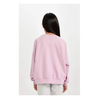 DEFACTO Girl Pink Oversize Fit Wide Mold Crew Neck Slogan Printed Sweatshirt