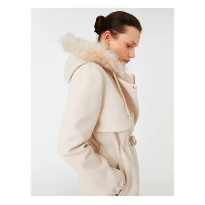 Koton Hooded Coat with Plush Detail and Tied Waist