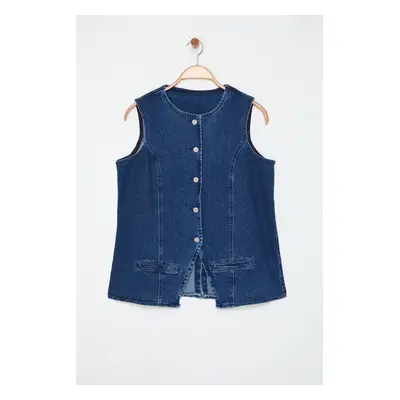 Trendyol Curve Blue Crew Neck Plus Size Denim Vest