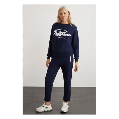 GRIMELANGE Darcy Women's Crew Neck Long Sleeve Elastic Waist Printed Navy Blue Tracksuit Set