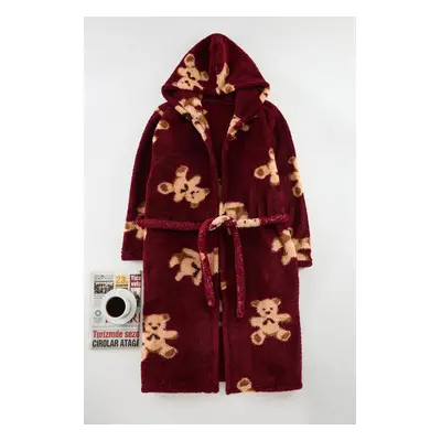 Trendyol Claret Red Belted Teddy Bear Hooded Wellsoft Winter Knitted Dressing Gown