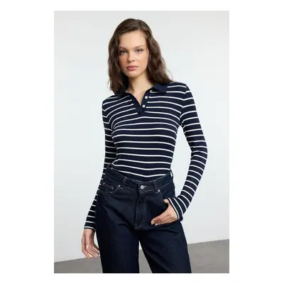 Trendyol Navy Blue More Sustainable Striped Button-Down Collar Knitted Blouse