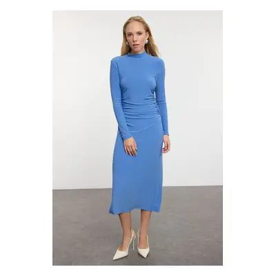 Trendyol Blue Plain Drape Detailed High Collar A-Line Flexible Midi Knitted Knitted Dress