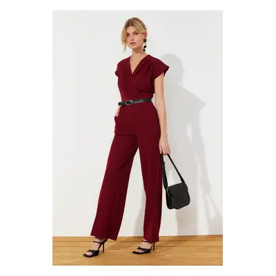 Trendyol Burgundy Belted Double Breasted Collar Wide Leg Woven Jumpsuit