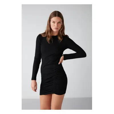 GRIMELANGE Belissa Women's Wide Ribbed Stretch Fabric Body Hugging Bodycon Frosted Mini Black Dr