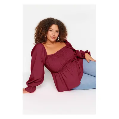 Trendyol Curve Claret Red Gimped Woven Plus Size Blouse