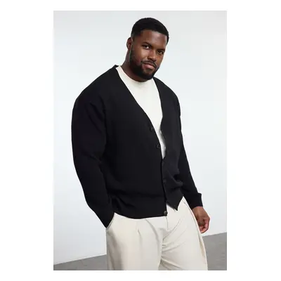 Trendyol Black FL Men's Regular V Neck Plain Knitwear Plus Size Cardigan