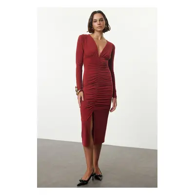 Trendyol Tile Plain Gathered Midi Draped V Neck Fitted/Fits Body Elastic Midi Knit Dress