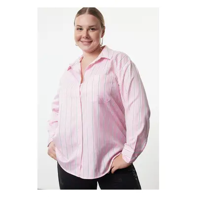 Trendyol Curve Pink Striped Boyfriend Plus Size Woven Shirt