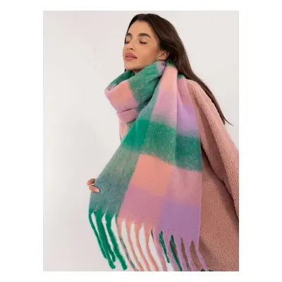 Green and pink winter scarf with fringe