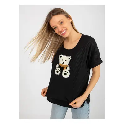 Black ribbed oversize blouse with teddy bear