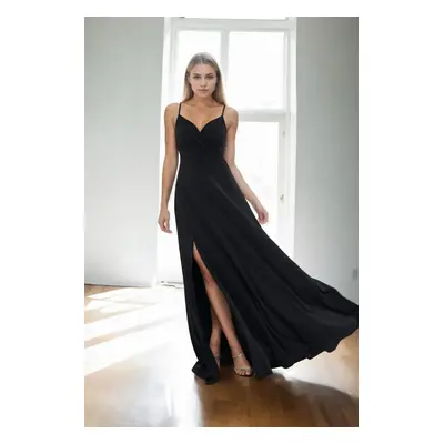 74886 Dewberry Rope Strap Slit Evening & Graduation Dress-BLACK