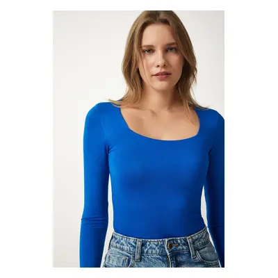 Happiness İstanbul Women's Blue Square Neck Viscose Knitted Blouse