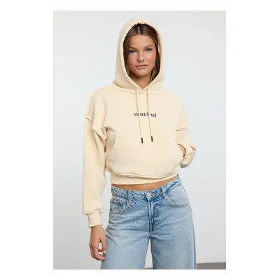 Trendyol Stone Slogan Printed Oversize Crop Thick Inside Fleece Knitted Sweatshirt