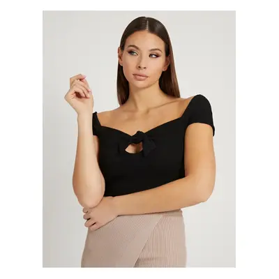 Black Women's Ribbed Cropped T-Shirt with Bow Guess Valeriana - Women