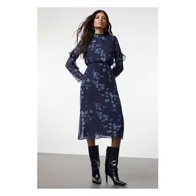 Trendyol Navy Blue Floral A-Line Midi Woven Winter Dress