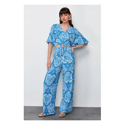 Trendyol Blue Printed V Neck Balloon Sleeve Relaxed Textured Flexible Blouse Trousers Knitted Bo