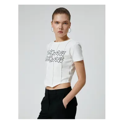 Koton Crop T-Shirt Asymmetric Cut Printed Short Sleeve Crew Neck Cotton