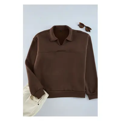 Trendyol Dark Brown Oversize/Wide Cut Polo Sweatshirt with Fleece Inside