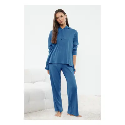 Trendyol Blue Cotton Hooded Ribbed Knitted Pajama Set