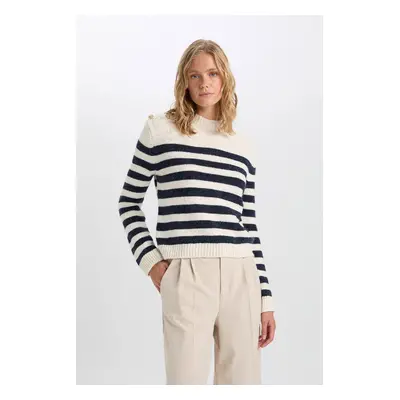 DEFACTO Regular Fit Soft Textured Crew Neck Buttoned Striped Knitwear Sweater