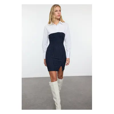 Trendyol Navy Blue Striped Woven Garnish Color Block Bodycone/Fits Knit Dress