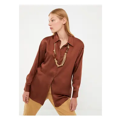 LC Waikiki Plain Long Sleeve Satin Women's Shirt with Front Button Closure