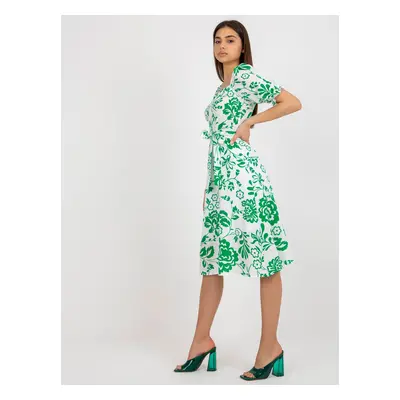 White and Green Patterned Midi Dress with Belt